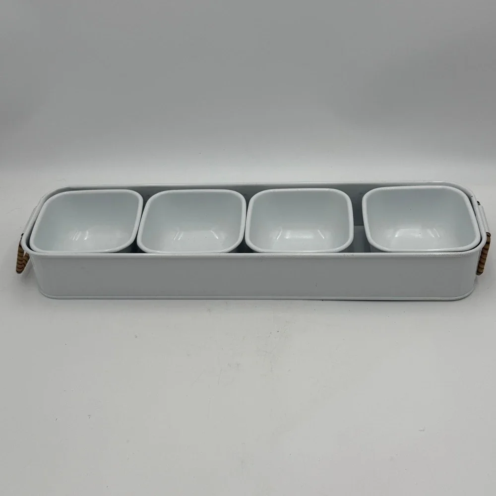 White Enamel Metal Condiment Server Set 4 Bowls Rectangular Tray Rattan Handles